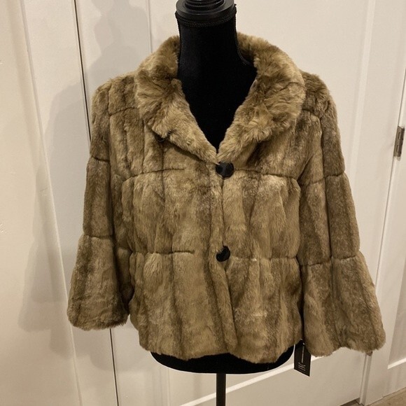 INC Swing coat NWT 3/4 sleeve faux fur by International Concept Brown Size Large - Picture 2 of 15